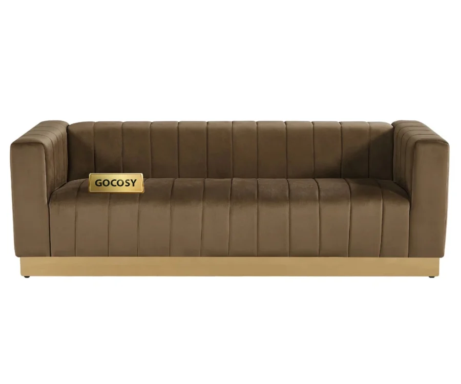 modern brown velvet sofa, GOCOSY velvet couch, 3-seater channel tufted sofa, luxury velvet sofa with gold base, contemporary brown couch, velvet furniture for living room, brown glam sofa.