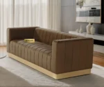 modern brown velvet sofa, GOCOSY velvet couch, 3-seater channel tufted sofa, luxury velvet sofa with gold base, contemporary brown couch, velvet furniture for living room, brown glam sofa.