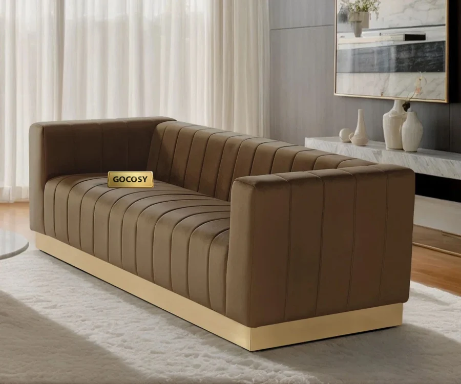 modern brown velvet sofa, GOCOSY velvet couch, 3-seater channel tufted sofa, luxury velvet sofa with gold base, contemporary brown couch, velvet furniture for living room, brown glam sofa.