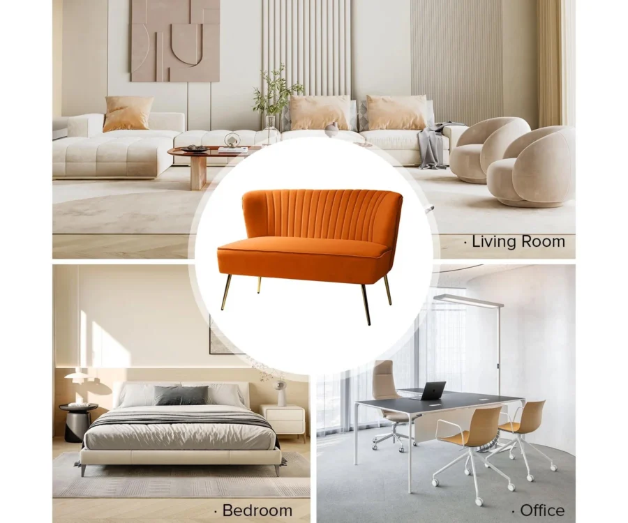 Canyonex Orange Velvet Loveseat – Channel Tufted Back with Gold Legs - Image 4