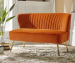 Canyonex Orange Velvet Loveseat – Channel Tufted Back with Gold Legs - Image 2