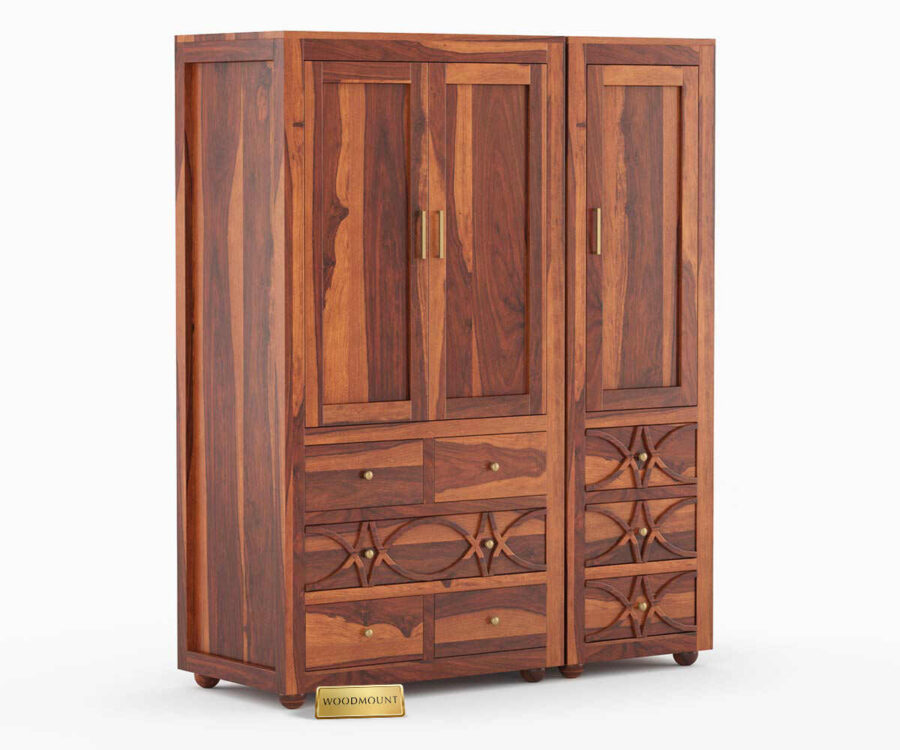 Dhanush Wardrobe | 3 Door And 3 Drawer | Honey Finish - Image 2