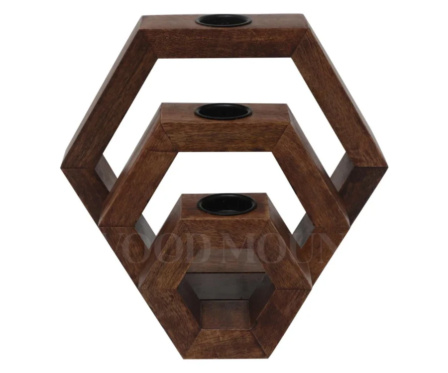 Hexagonal Wooden Candle Stand Set – Set of 3 | Rustic Decor - Image 3
