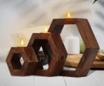 Hexagonal Wooden Candle Stand Set – Set of 3 | Rustic Decor